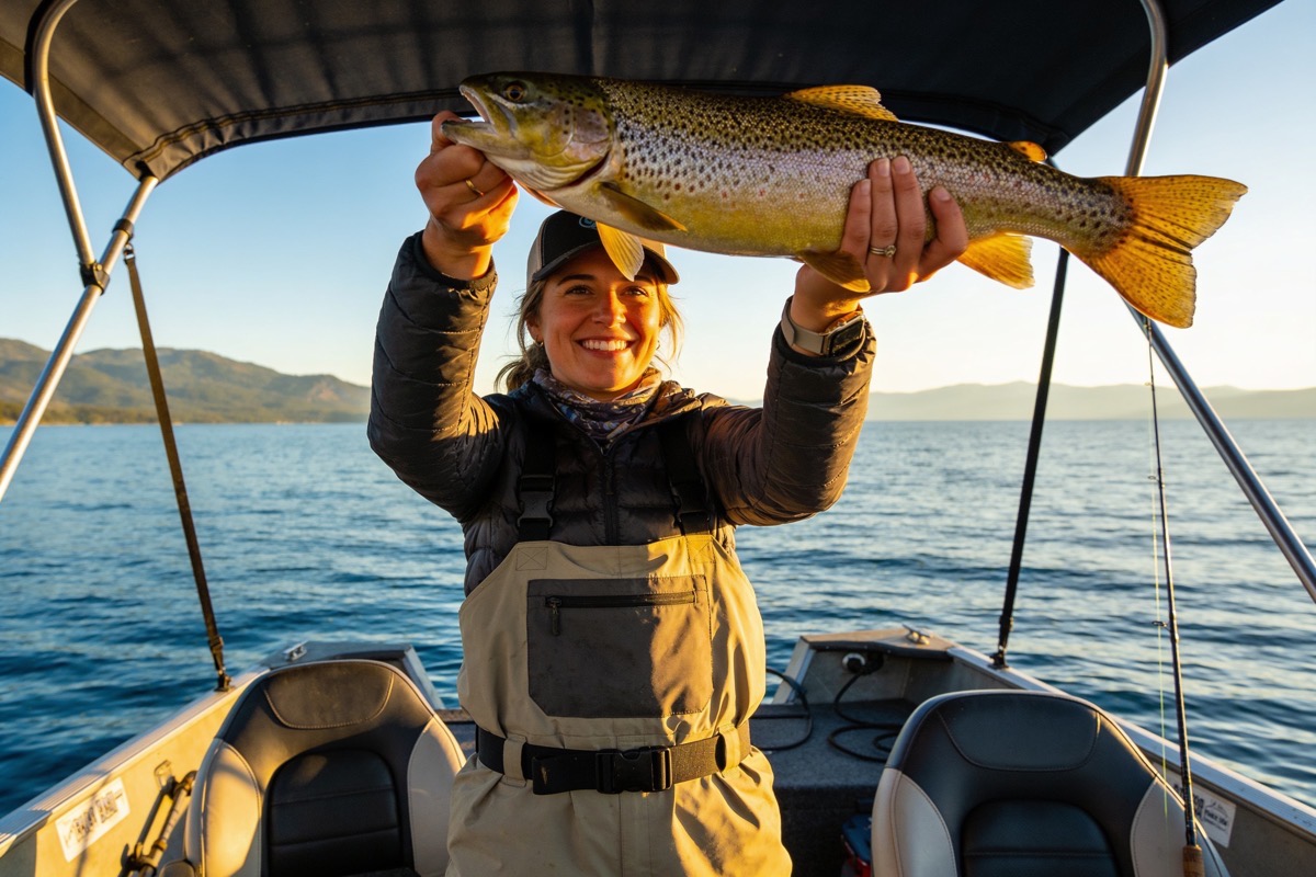 Angler holding up a big trout on a lake