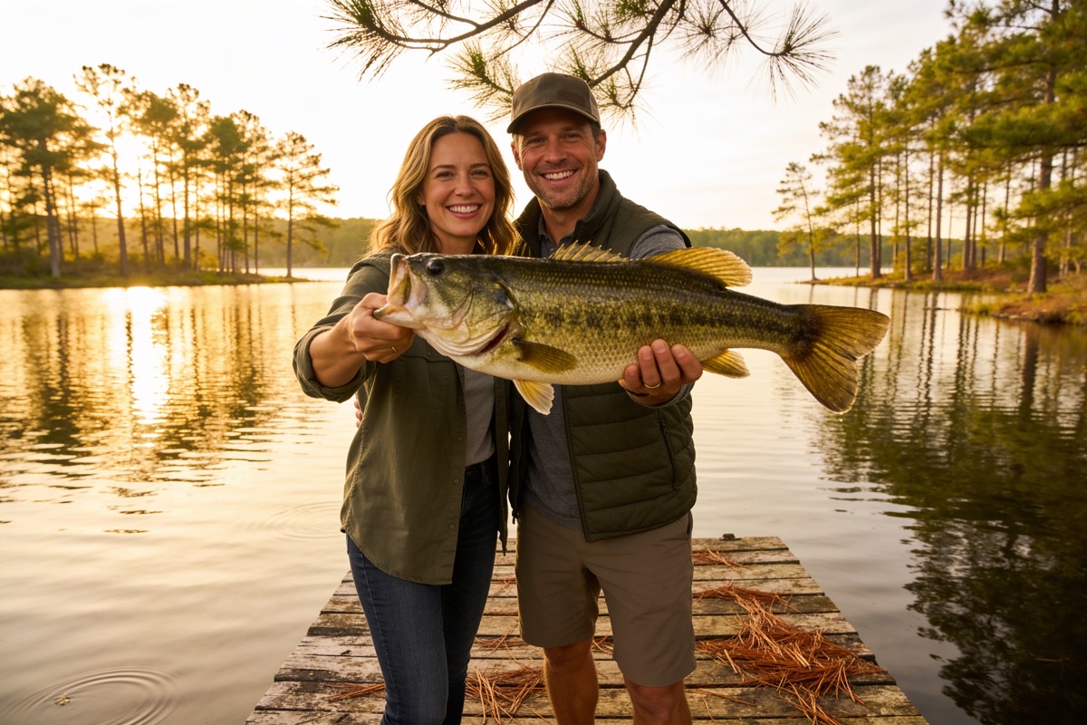 Two anglers with a big bass at golden hour